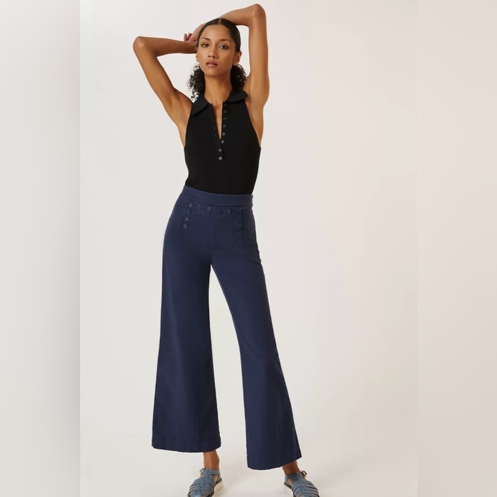 Anthropologie Maeve Sailor Wide-Leg Pants Navy Blue Button Detail Size 4 NWT